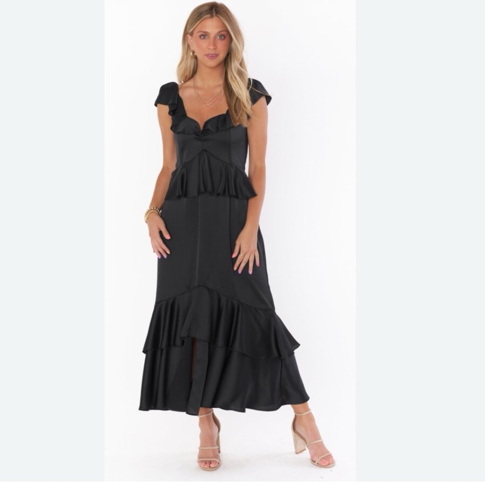 Show Me Your Mumu Reese Ruffle Dress Black Luxe Satin